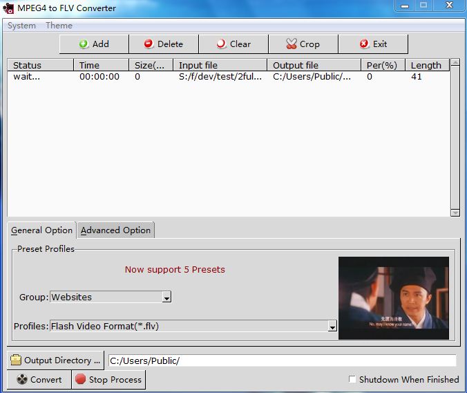 converts MPEG4 to FLV videos.